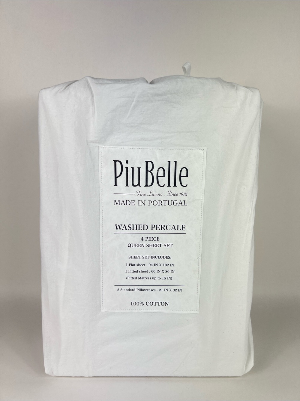 PiuBelle Queen Sheet Set Fine Linens White Washed Percale Cotton 4 Pc Set NEW